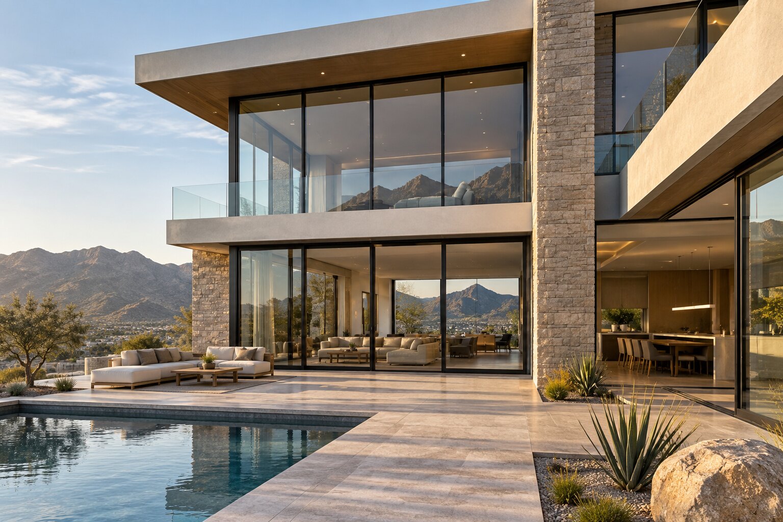Residencia moderna con ventanales de aluminio y vidrio
